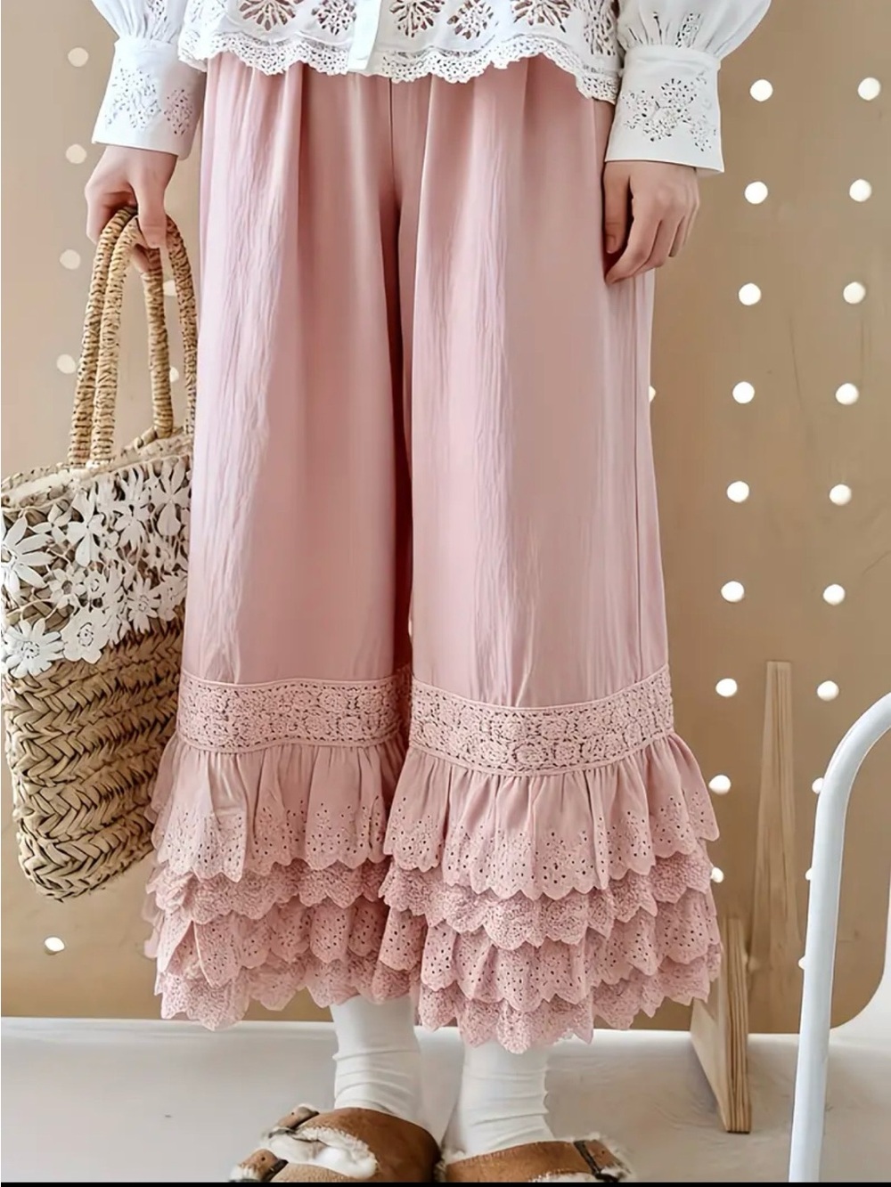 NWT Vogue Blush Pink Wide-Leg Lace Capri Pants, Bloomers, Various Sizes